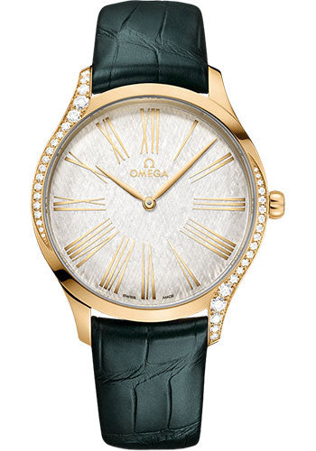 Omega De Ville Tresor Quartz - 39 mm Moonshine Gold Case - Lacquered Opaline Silver Dial - Iridescent Green Leather Strap - 428.58.39.60.02.001
