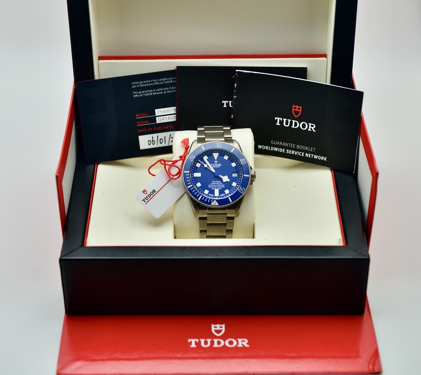 Tudor Pelagos 42 watch in open presentation box with guarantee booklet and warranty cards, full set