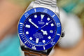 Tudor Pelagos 42 blue dial with titanium bracelet, angled close-up view