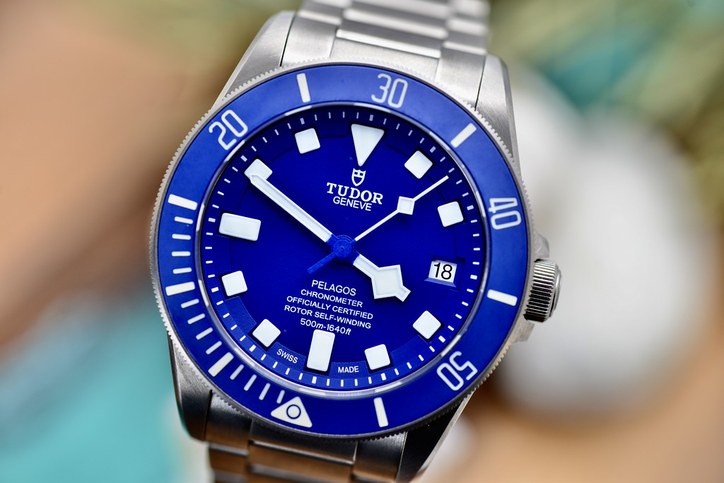 Tudor Pelagos 42 blue dial with titanium bracelet, angled close-up view
