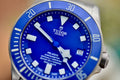 Tudor Pelagos 42 blue dial and ceramic bezel, angled close-up view showing luminous hour markers