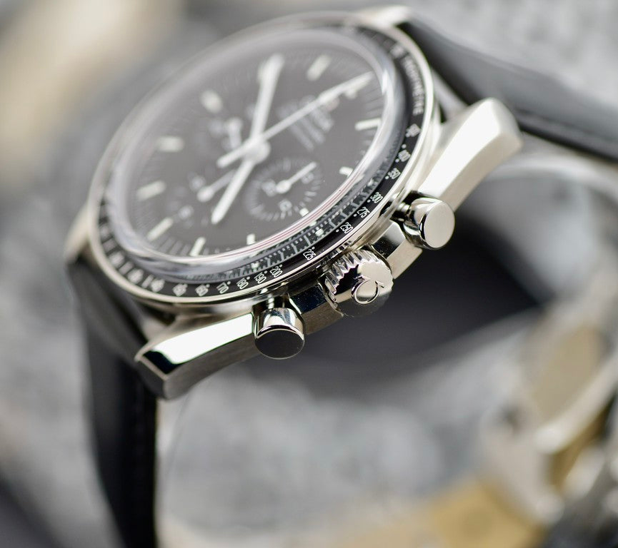 Omega Speedmaster Professional Moonwatch stainless steel case side profile showing screw-down crown and chronograph pushers
