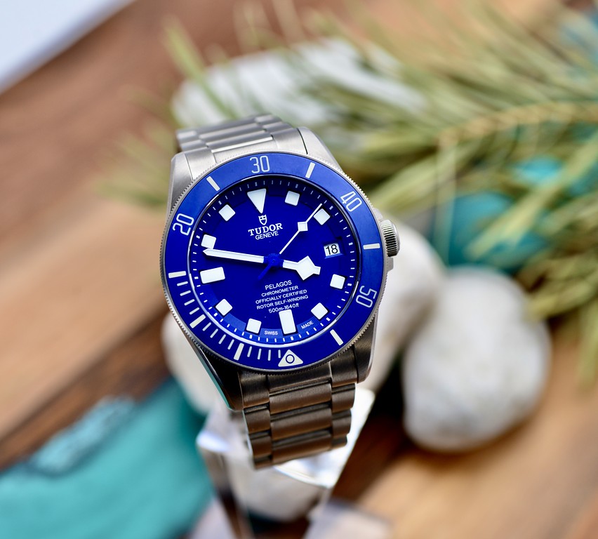 Tudor Pelagos 42 blue dial and titanium bracelet, close-up angled lifestyle shot