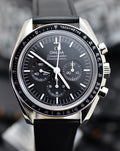 Omega Speedmaster Professional Moonwatch Co-Axial Master Chronometer 42mm stainless steel watch with black dial and black leather strap, front view