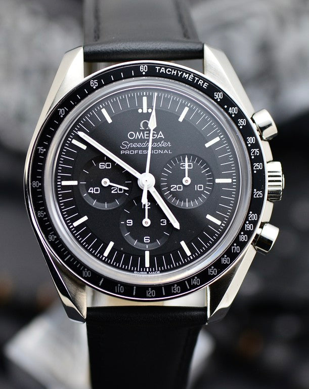 Omega Speedmaster Professional Moonwatch Co-Axial Master Chronometer 42mm stainless steel watch with black dial and black leather strap, front view