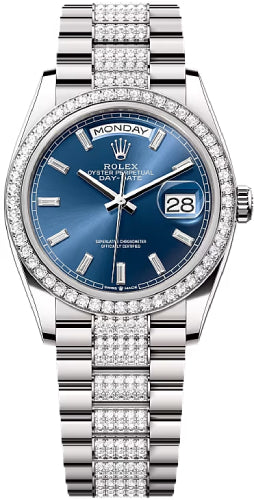 Rolex Day-Date 36 36mm Bright Blue Diamond-Set Dial Diamond-Set Bezel with Diamond-Set President Bracelet - 128349RBR | 2024 Model